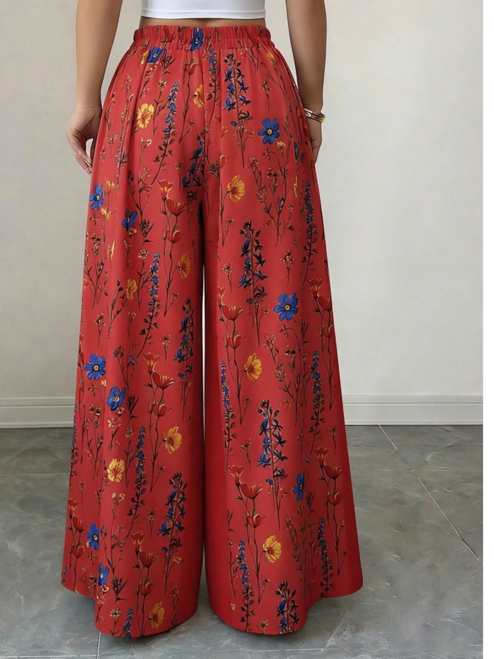 Boho Floral Print Stretchy Pants Wide Leg Flowy Pants - Picture 3 of 9